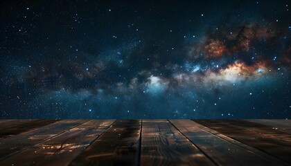 Canvas Print - A wooden table with a starry night sky background, creating an atmosphere of mystery and wonder for product display