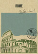 Rome Sight Postcard Retro Style Illustration. Colosseum, Mail Imprint, Handwriting Wish, Vintage Colors, Old Paper Texture Pattern 