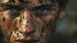 A photorealistic close-up of a rugby player's face, mud splattered and determined, moments before a crucial scrum.