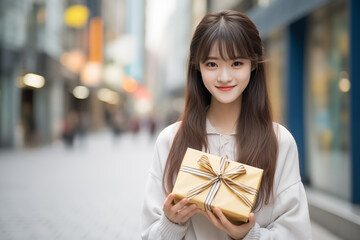 Wall Mural - Teen pretty Japanese girl at outdoors holding a gift