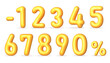Yellow 3D realistic numbers. Voluminous inflated numbers, discount percentages 0,1, 2, 3,4, 5, 6, 7, 8, 9. Vector illustration