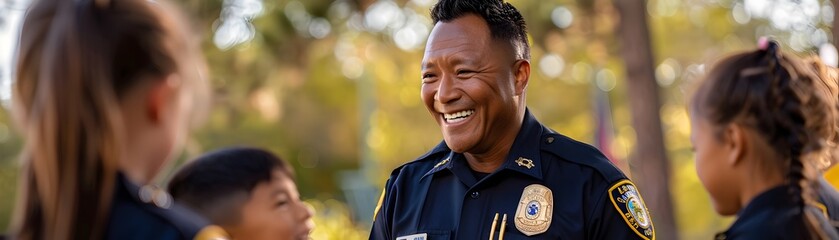 Police Officer Engaging with Diverse Community Children in Outreach Program Inclusion Concept with Copy Space description This image depicts an Asian