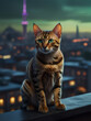 portrait of a bengal cat on the evening town background