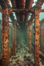 The Remains Of A Pier Structure Sit On The Ocean Floor. AI.