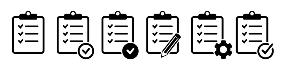 Wall Mural - Clipboard icon. Checklist with gear, check mark and pencil. Vector illustration.