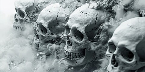 group of skulls lined up against wall