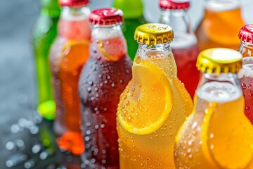 Wall Mural - A close-up view of an assortment of organic craft sodas, showcasing their vibrant colors and unique labels, inviting exploration of their artisanal flavors