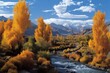 A serene asphalt road winds through a colorful autumn landscape in the Himalayas, flanked by tall golden poplar trees.