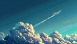An oldfashioned pixel art airplane flying above the clouds, its pixelated vapor trail following