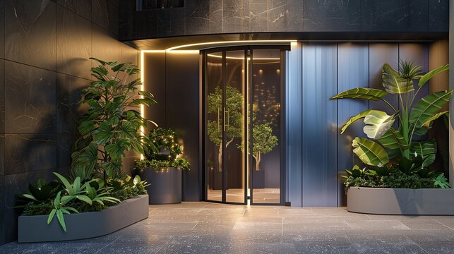 Sleek entrance with a curved LED screen door and a modular planter system
