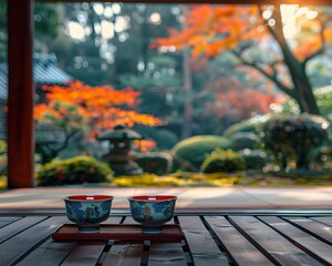 Poster - Peaceful Japanese Tea Ceremony in Historic Kyoto Garden with Autumn Foliage