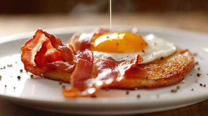Crisp bacon being placed onto a breakfast plate enticing food splash