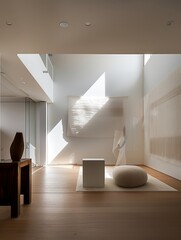 An empty room with a white wall and sculpture, in the style of meticulous lines