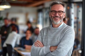 Happy Senior Businessman with Glasses in Modern Office