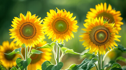 Wall Mural - Macro shot of vibrant sunflowers with bright yellow petals, clear details against a blurred green background symbolizes the vibrant energy of summer