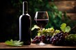 A bottle of red wine and a glass of wine are on a wooden table with a bunch of grapes