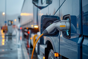 Close-up of an electric truck being charged, featuring a visible plug and illuminated details.