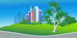 Landscape with city buildings  on green hill and a beautiful birch tree in the foreground. Vector illustration.