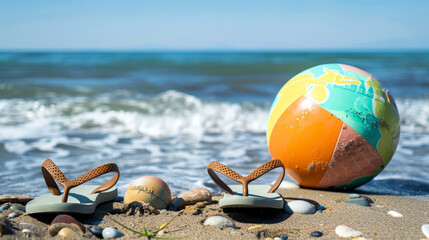 Wall Mural - Flip-flops and a beach ball on the shore, close-up, ocean waves in the blurred background, sunny day