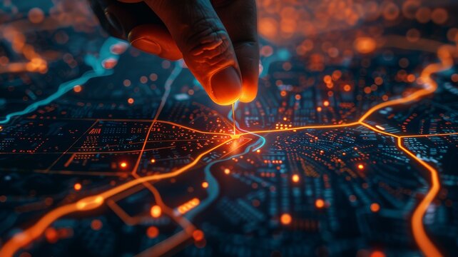 Establishing a location on the map and building a route, navigation. All this is done by artificial intelligence technology. Location on map, route concept, GPS point.