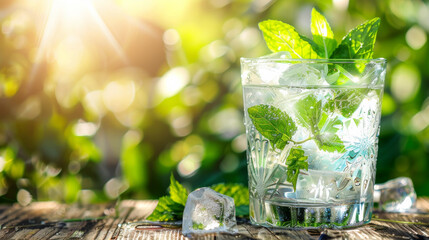 Wall Mural - refreshing summer drink with ice and mint on a wooden table, sunlight filtering through