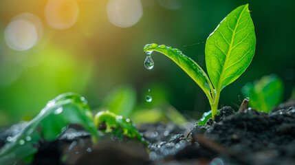 A small green plant with water droplets on it. Concept of growth and life. A green seedling with 2 leaves emerges from the soil, a droplet of water hangs on leav