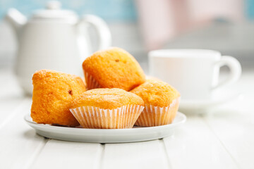 Poster - Magdalenas the typical spanish plain muffins on plate on white table.