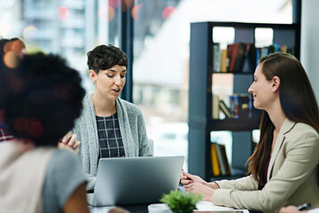 Wall Mural - Teamwork, presentation and meeting with office employee, collaboration and laptop or brainstorming for online project. People, work together and research on tech for info, coworking and company