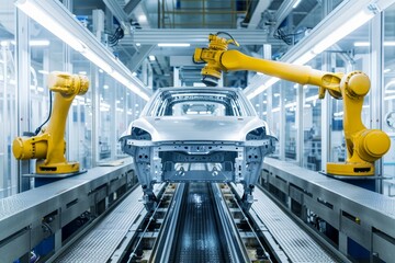 Industrial robot painting body of passenger car in factory paint chamber manufacturing process