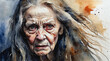 Wrinkle faced of elderly woman with long shaggy hair, watercolor painting style, generative AI.
