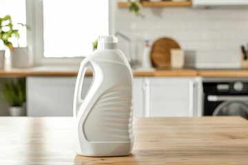 Plain detergent bottle on wood over defocused laundry room interior with white background