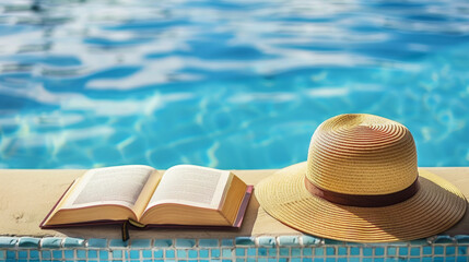 Wall Mural - Sun hat and a book beside a pool, capturing the essence of summer relaxation