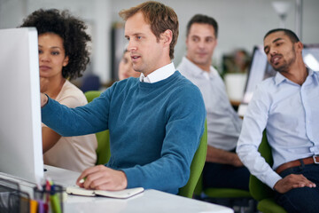Poster - Collaboration, computer and web design with group of business people in office for assistance or help. Diversity, teamwork and question with employee man at work on desktop pc for project management