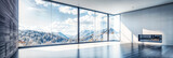 Fototapeta  - Contemporary Empty Home with Wide Open Snowy Mountain View.  Spacious Home Design.  Empty modern home interior with panoramic windows, wooden floor, and fireplace, overlooking snowy mountains.