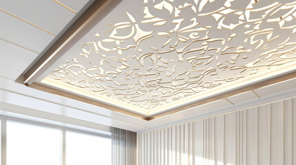 Poster - An office ceiling that blends modern design with Mughal aesthetics, featuring a complex lattice pattern in white and gold, complemented by soft backlighting.