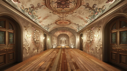 Canvas Print - Historically themed gypsum ceiling in a high-rise entrance, with detailed patterns and matched lighting.