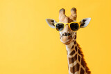 Fototapeta Lawenda - Giraffe with shades on yellow background, snout and head visible. Generative AI