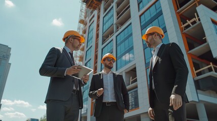 Wall Mural - Builders, engineers, and architects in business suits and protective construction helmets are discussing a development plan against the background of the construction of buildings.