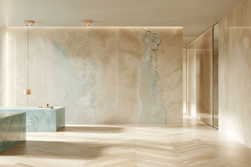 Poster - Sunlit luxury residence with beige walls, marble details, and minimalist lighting.