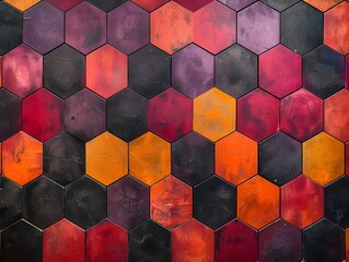 Poster - Vibrant Geometric Abstract Composition with Repeating Hexagon Shapes in Vibrant Color Palette