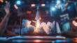 Startup team amazed by 3D rocket hologram on laptop, symbolizing innovation.