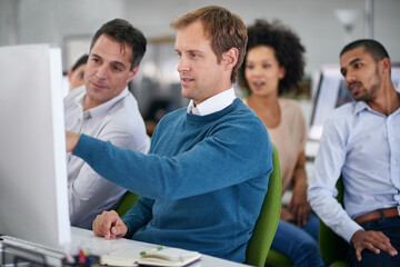 Leinwandbilder - Team, business people and computer for brainstorming, discussion or planning startup ideas. Collaboration, creative or diverse staff on pc for email, cooperation or serious web developer research