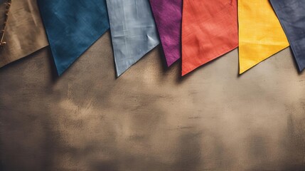 A variety of colorful flags made of different materials hang from a rope against a brown background.