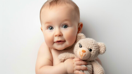 Wall Mural - top view of a baby holding a small stuffed animal