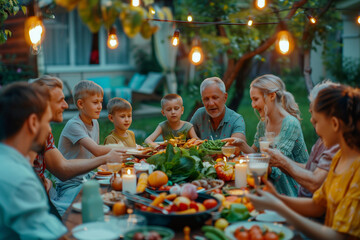 Wall Mural - Big family at the table on the dinner on the backyard, group of people at a barbecue party at summer sunset.