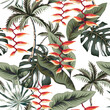Tropical green leaves, palm trees, red heliconia flowers, white background. Vector seamless pattern. Floral illustration. Exotic plants. Summer beach design. Paradise nature
