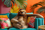 Fototapeta Lawenda - A sloth in sunglasses relaxes on a blue couch for fun and comfort in a room. Generative AI