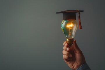 Wall Mural - Hand holds a light bulb with a graduation hat on a grey background, concept of education and knowledge for success in life. Text space on the right side. Black tassel on the cap and a world map inside