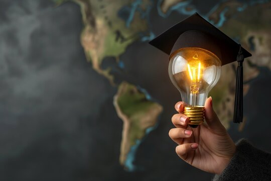 Hand holds a light bulb with a graduation hat on a grey background, concept of education and knowledge for success in life. Text space on the right side. Black tassel on the cap and a world map inside