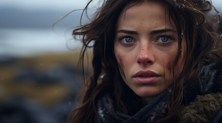 Wall Mural - Pensive woman with windblown hair in cold, moody landscape